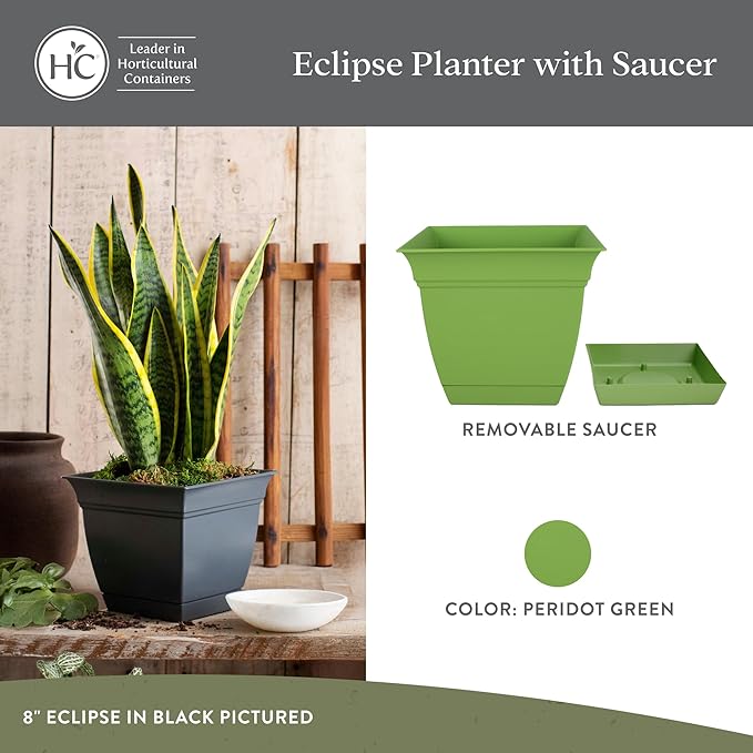 The HC Companies 12 Inch Eclipse Square Planter Pots w/Drainage Holes & Attached Saucer, Lightweight UV-Resistant Plastic Indoor Outdoor Planters, 2-Pack Flower Pots, Garden Home Decor, Peridot Green