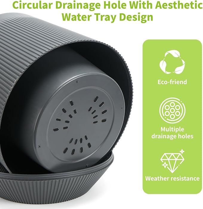 Plant Pots，Set of 2 Plastic Large Pots for Indoor Plants,Flower Pots Outdoor Planters with Drainage Hole and Seamless Saucer,(Gray 12Inches)