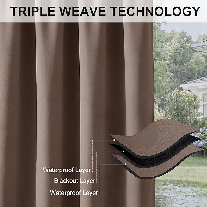 RYB HOME Extra Wide Outdoor Curtains for Patio Waterproof Heavy Duty Thermal Insulated in Summer Full Coverage Privacy for Porch, Cabana & Pool, W120 x L84, Mocha, 1 Panel
