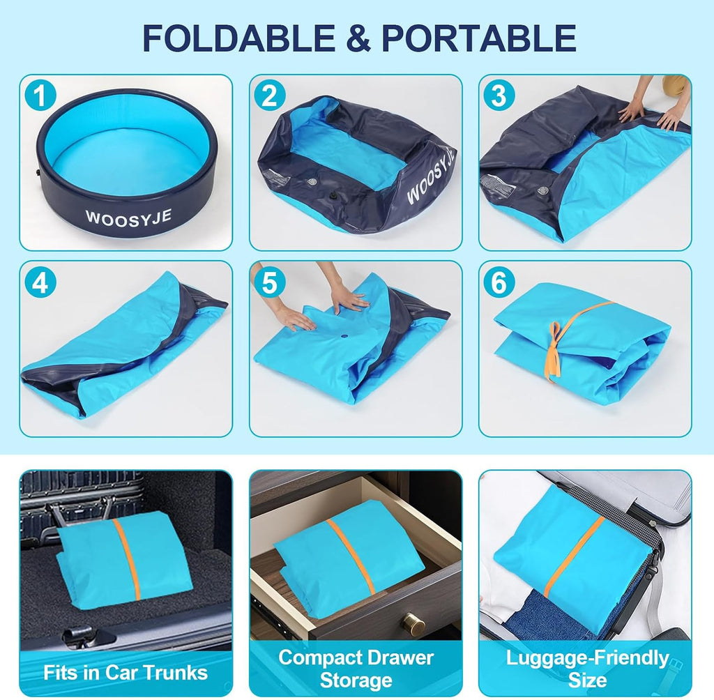Inflatable Dog Pool, Foldable Pet Swimming Pool - 47.5" Pet Bath Pool & Kiddie Pool, PVC, Quick Drain, Non-Slip, Collapsible Swimming Pool for Large Medium Small Dogs, Cats, Kids, Backyard, Beach