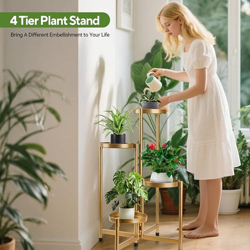 4 Tier 31 Inch Plant Stand Indoor Outdoor, Metal Plant Shelf Waterproof, Plant Holder with Folding Design For Home, Living Room, New Upgrate Gold