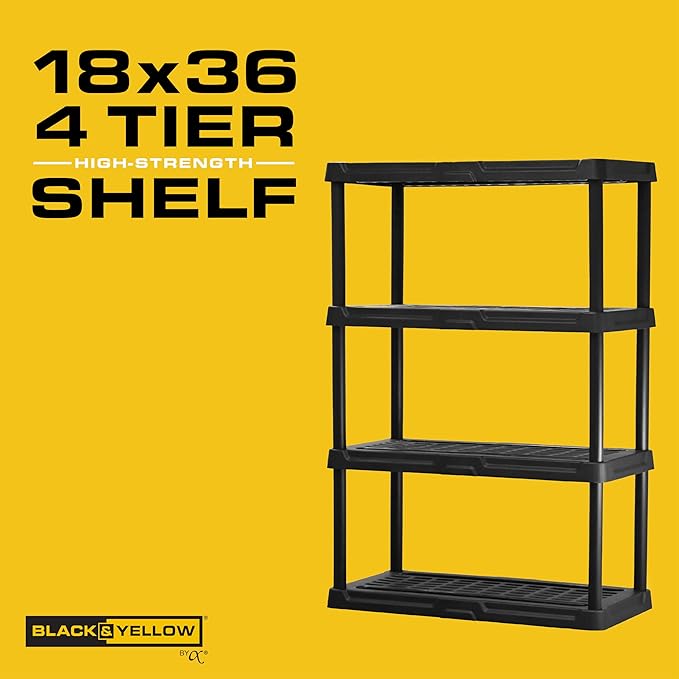 CENTREX CX 4-Tier Heavy Duty Plastic Storage Shelves that Support up to 150lbs/shelf, Organization and Storage, Weather-Resistant Design, Easy Assembly, Black (53”H x 36”W x 18”D)