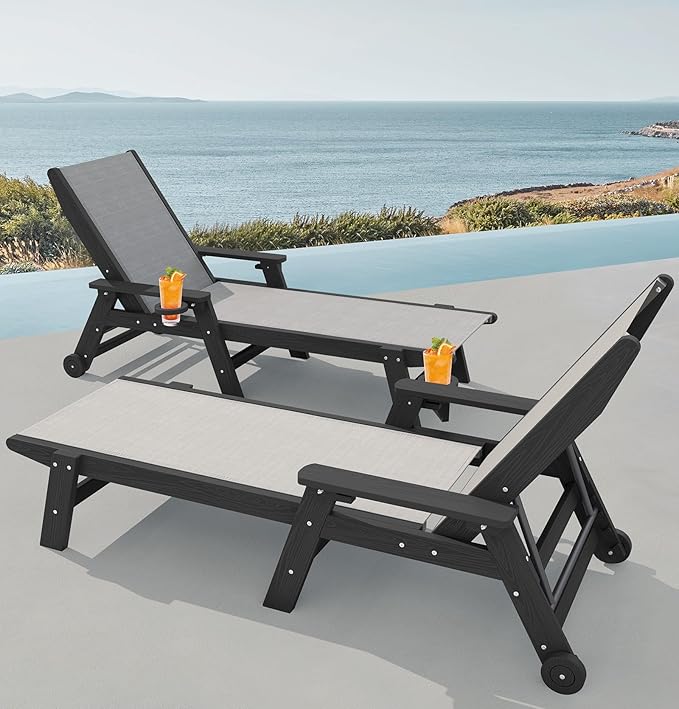 SERWALL Patio Chaise Lounge Chair, 5 Positions Outdoor Lounger for Pool, Textilene Lounge Chair with Rolling Wheels for Poolside, Deck, Black