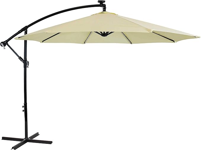 Sunnydaze 10' Solar Offset Patio Umbrella - Solar Cantilever Umbrella Outdoor with LED Lights - Polyester Shade, Air Vent, & Cross Base