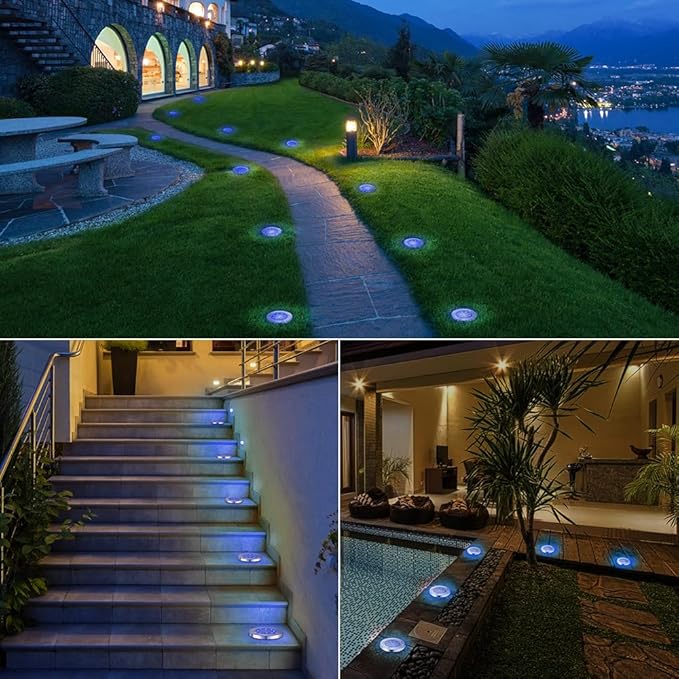 LYHOPE Solar Ground Lights Outdoor, 16 Pack 8 LED Solar Disk Lights Waterproof Garden In-ground Pathway Lights Landscape Lighting for Lawn,Yard,Deck,Patio,Walkway (Blue)