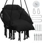 Macrame Hammock Hanging Swinging Chair with Oversized Cushion, Perfect for Bedroom, Porch, Kids, Adults, Balcony, Black