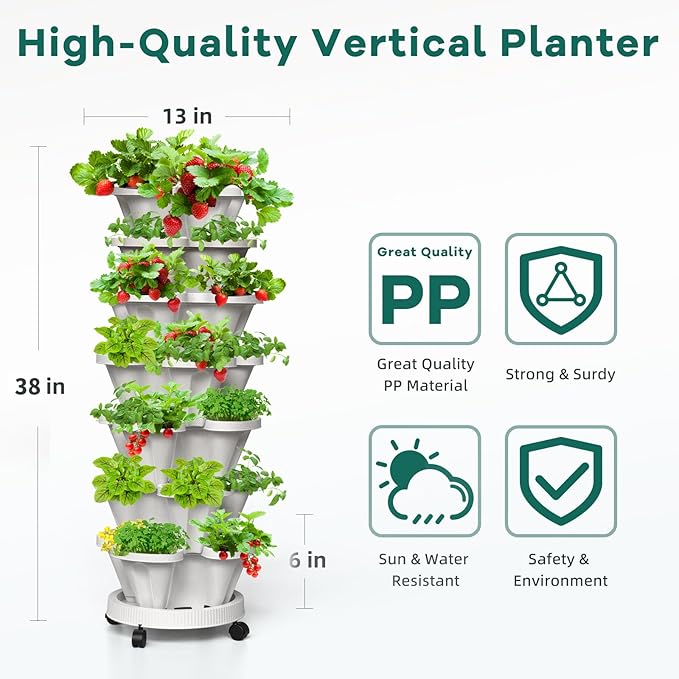 Strawberry Vertical Planter Tower Garden, 7 Tiered Stackable Planter Herb Garden Planter with Movable Casters and Bottom Saucer Indoor and Outdoor - White