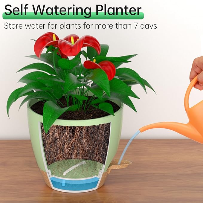 ZMTECH 8 Inch Hanging Planters for Indoor Outdoor Plants, 2 Pack Self Watering Hanging Plant Pots with Drainage Holes and Removable Saucer, Plastic Flower Hanging Pots with Watering Lip (Green)