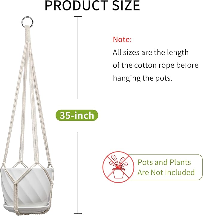 Macrame Plant Hanger, Fits 4-13 Inch Pots, Boho Hanging Plant Holder for Indoor Outdoor, 35 Inch, White (No Flowerpot)