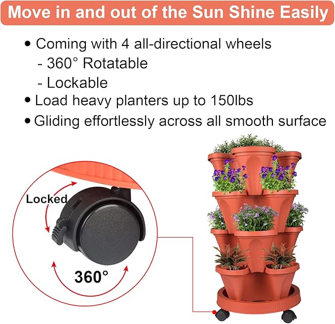 GameXcel Vertical Planter 4 Tier Stackable Planters Garden Planters Strawberry Herb Flower and Vegetable Planter Indoor Outdoor Gardening Pots with Removable Wheels and Tools