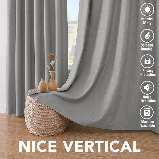 H.VERSAILTEX Linen Blackout Curtains 45 Inches Long 100% Blackout Thermal Insulated Textured Linen Look Curtain Draperies Anti-Rust Grommet, Energy Saving with White Liner, 2 Panels, Dove Gray