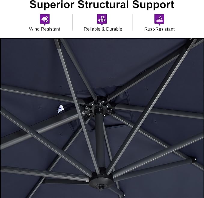 PURPLE LEAF 10 Feet Patio Umbrella with Base and Cover Round Outdoor Cantilever Umbrella Aluminum Offset Umbrella with 360-degree Rotation for Garden Deck Pool Patio Navy Blue