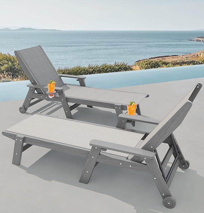 SERWALL Patio Chaise Lounge Chair, 5 Positions Outdoor Lounger for Pool, Textilene Lounge Chair with Rolling Wheels for Poolside, Deck, Grey