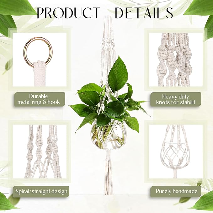 6 Pcs Boho Macrame Plant Hanger with Small Plastic Pot Hanging Plant Holder Wall Planter Propagation Station Include Hooks Kit for Indoor Home Garden Office Decor 3 Size (White)