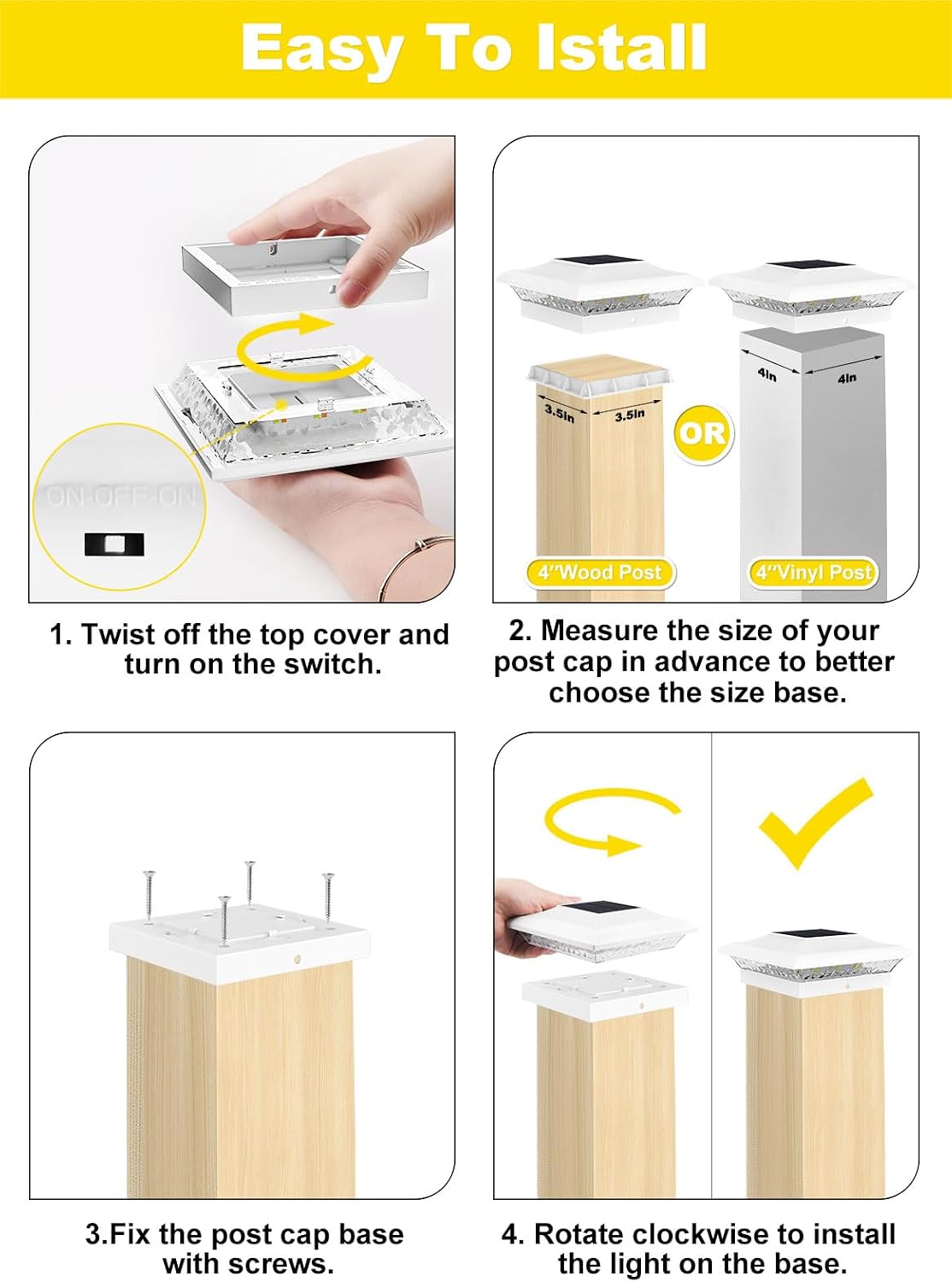 T-SUN 4x4 Solar Post Cap Light White, 6 Pack Solar Post Lights 3000K/6000K | Fit for 4x4 Vinyl Wooden Post, Waterproof Solar Post Cap Lights with Warm & Cool White, for Deck Garden Patio Yard Lighting