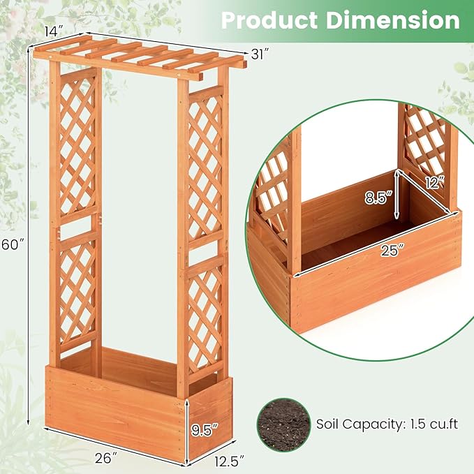 Giantex Set of 2 Raised Garden Bed with 2-Sided Trellis & Hanging Roof, Fir Wood Planter Box w/Drainage Holes, Bottom Gaps, Freestanding Garden Planter for Flowers Herbs Climbing Vines (31"x12.5"x60")