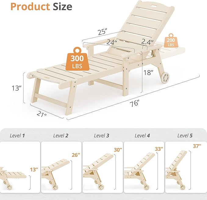 LUE BONA Outdoor Chaise Lounge Chairs Set of 2, HDPS Chaise Lounger, 5 Positions Adjustable Lounge Chairs, Pool Lounge Chair with Wheels for Poolside, Sand