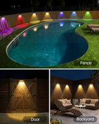 Solar Fence Lights Outdoor, Warm White & RGB 7 Color Changing, IP65 Waterproof, Dusk to Dawn Solar Deck Light for Patio, Railing, Pool, Porch, Backyard, Wall Decor, 8 Packs