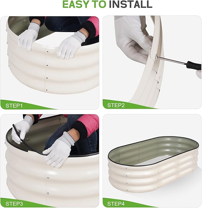 Galvanized Raised Garden Bed - 4×2×1ft (2 Packs) Planter Raised Beds for Gardening | Oval Metal Garden Planter Box with Safety Edging and Gloves for Vegetables Fruits and Flower (White)