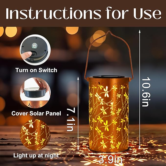 4 Pack Solar Lanterns Outdoor Hanging Lantern Lights, Dragonfly Hollowed-Out Metal Decor Lantern, Waterproof LED Decorative Garden Light - Delicate Garden Decoration for Patio, Yard