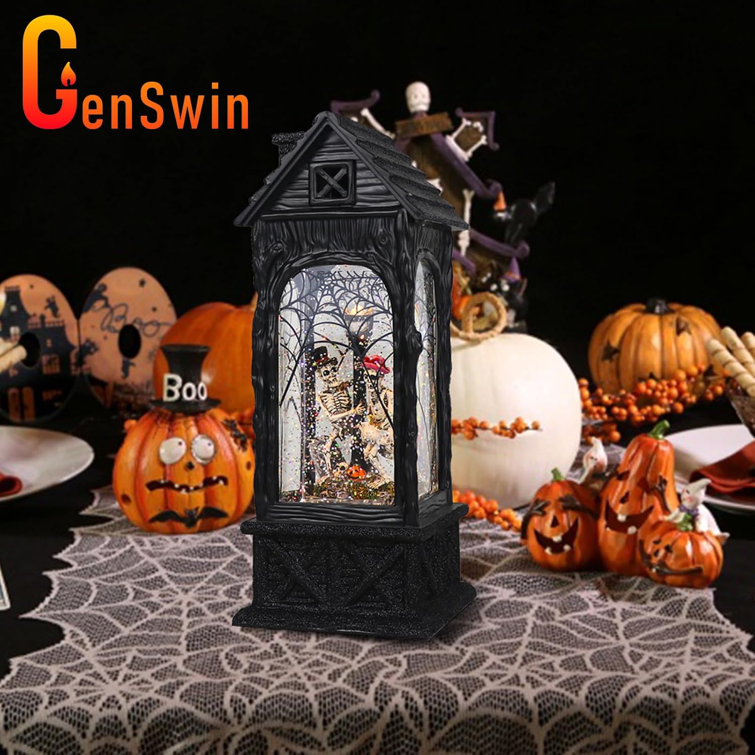 GenSwin Halloween Snow Globe Lantern Ghost Projection Lamp with 6H Timer | Battery Operated & USB Powered LED Spinning Water Glittering Globe Halloween Decoration Parties, 4.3 x 10.7 In