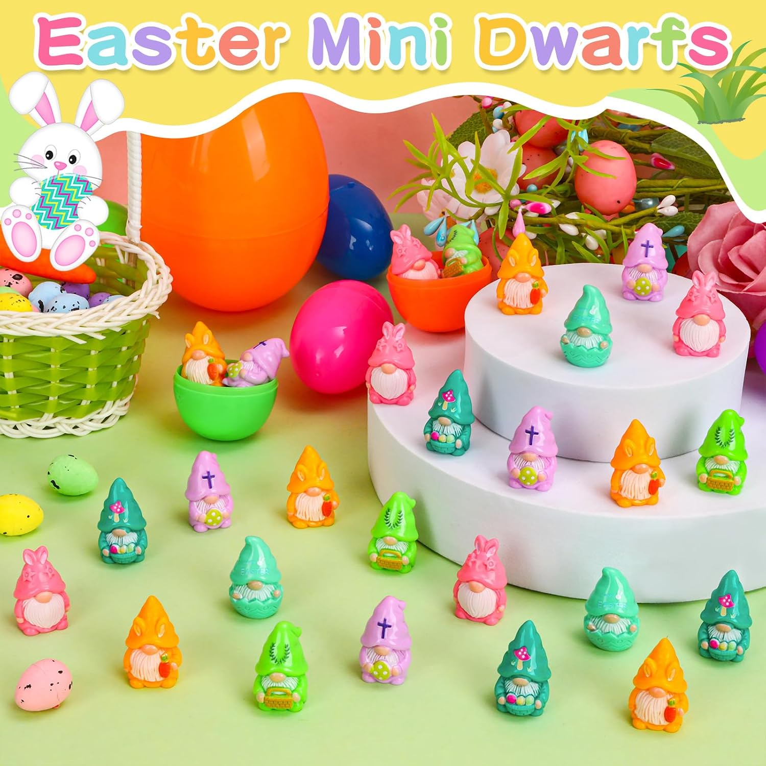 60 Pcs Easter Mini Gnomes Figures Tiny Fairy Resin Gnomes Figurines to Hide Easter Carrot Bunny Ear Basket Eggshell Eggs Element Miniature Gnomes Statues for Party Favors Tiered Tray Garden Decor