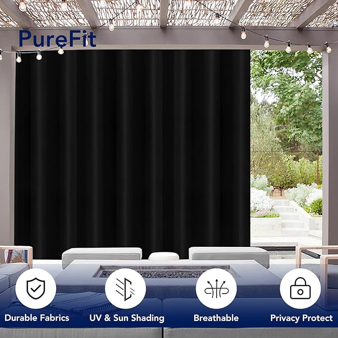 PureFit Outdoor Curtains for Patio Waterproof Weatherproof, UV Resistant Outside Curtains for Gazebo, Front Porch, Pergola, Sun Blocking Privacy Curtain, 150W x 84L inch, 1 Panel, Black