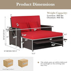 Tangkula Patio Rattan Daybed with 4-Level Adjustable Backrest, Outdoor PE Wicker Loveseat with Storage Ottoman & Folding Side Tray, Double Sunbed Lounger for Balcony, Backyard & Poolside, Red & Brown