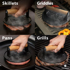 Smash Burger Press | Cast Iron Hamburger Smasher Tool | Flat-Edge Meat Press for Hamburgers, Bacon, Outdoor Kitchen | Griddle & Grilling Accessories | Pre-Seasoned | 6.1”