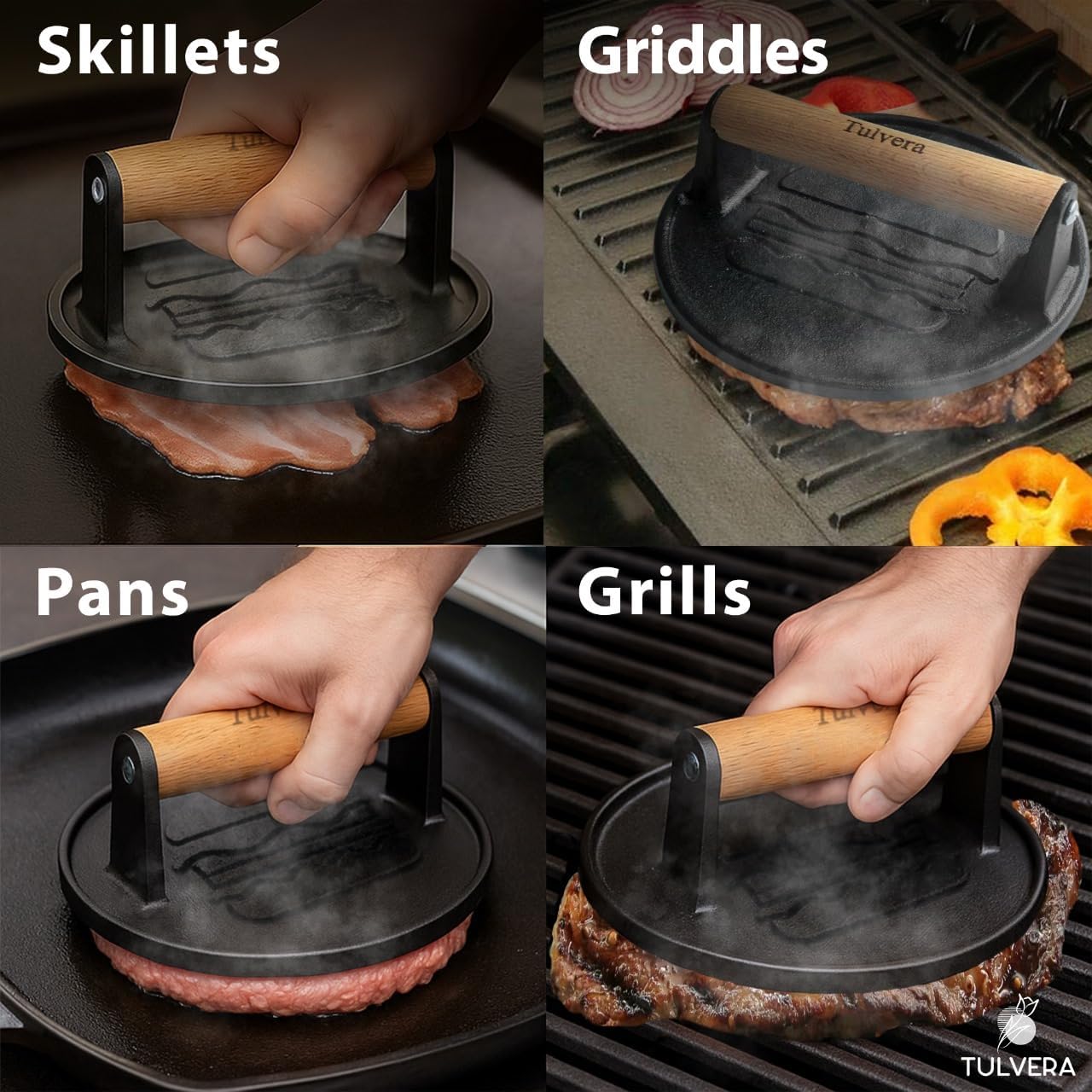 Smash Burger Press | Cast Iron Hamburger Smasher Tool | Flat-Edge Meat Press for Hamburgers, Bacon, Outdoor Kitchen | Griddle & Grilling Accessories | Pre-Seasoned | 6.1”