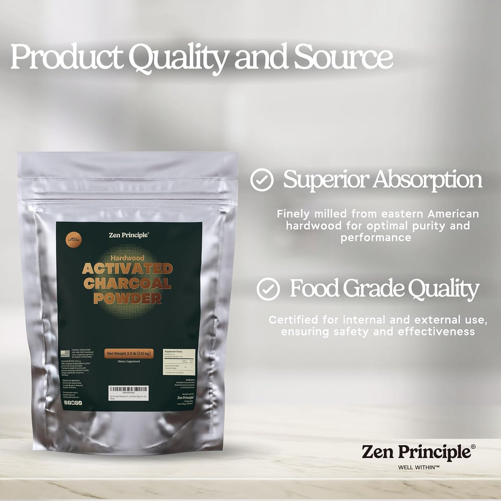 zen principle hardwood activated charcoal powder 100 percent on a desk or shelf