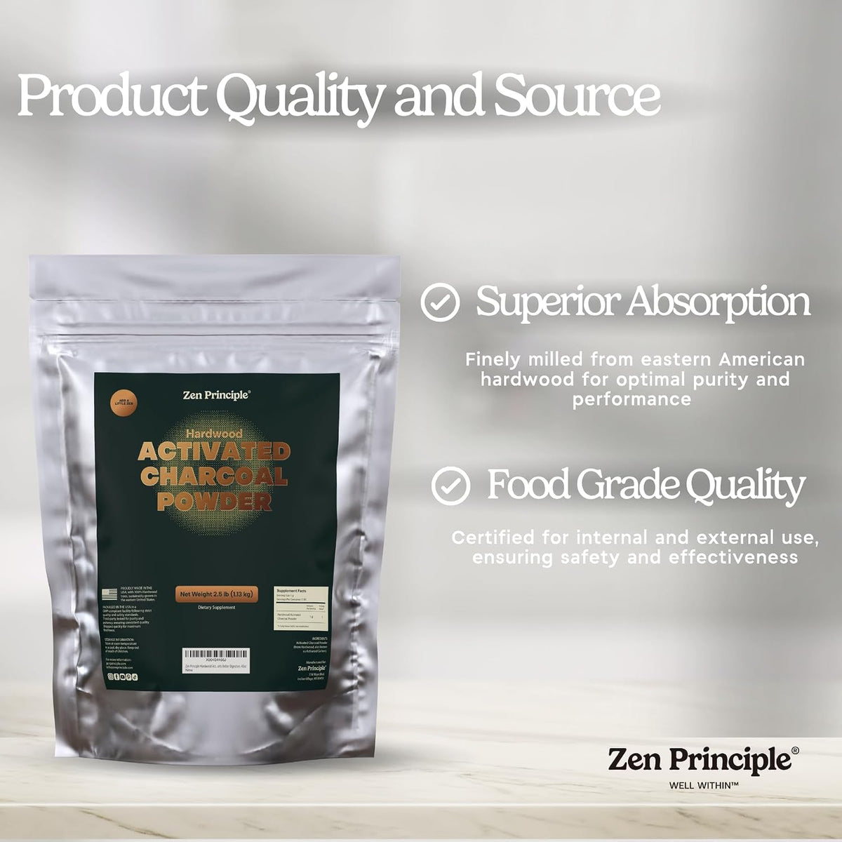 zen principle hardwood activated charcoal powder 100 percent on a desk or shelf