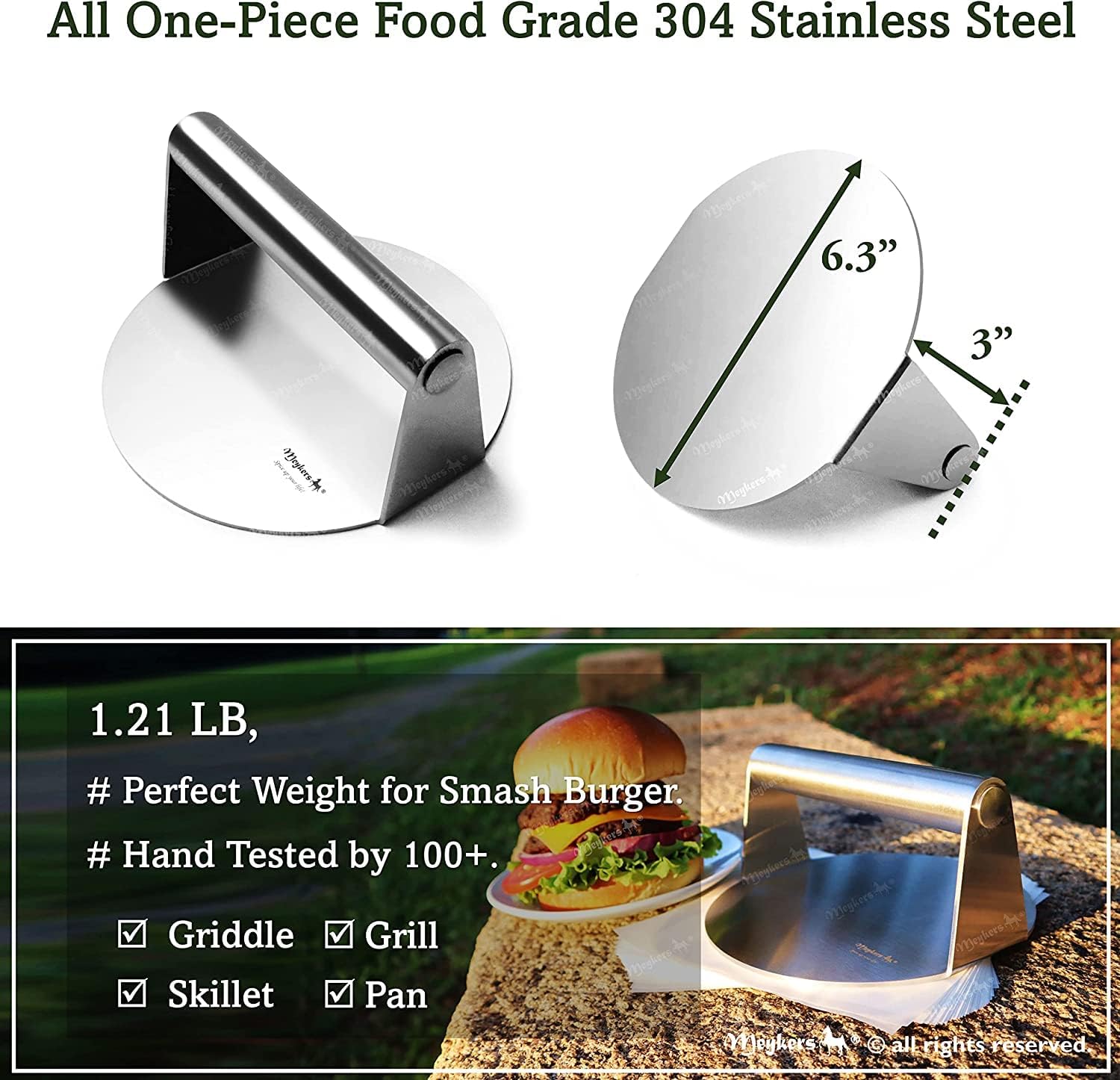Meykers Smash Burger Press 6.3” Burger Smasher | for Griddle Grill Pan Skillet | Weight Gain Flat Presser Smashburger Maker 304 Stainless Steel | Meat Bacon Sandwich Panini | Tool Kit for BBQ Lover