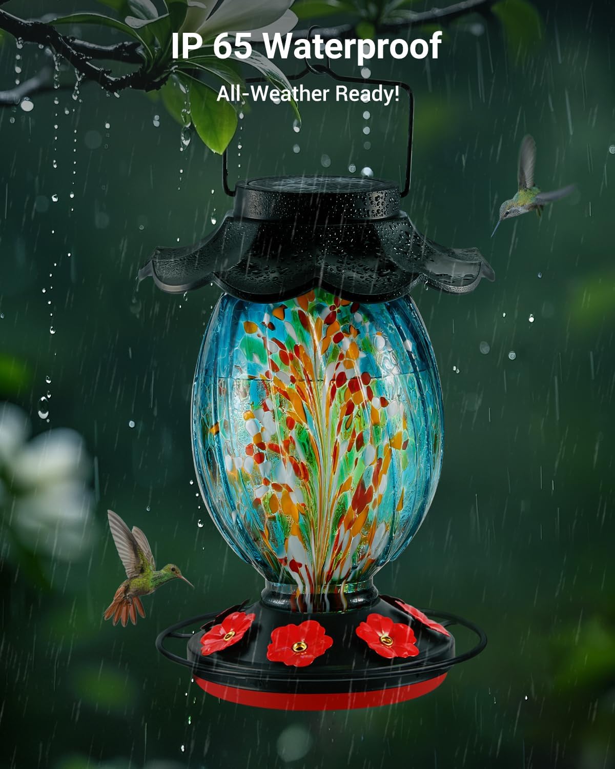 housesapp solar hummingbird feeder - 49 fl.oz hand showing dimensions
