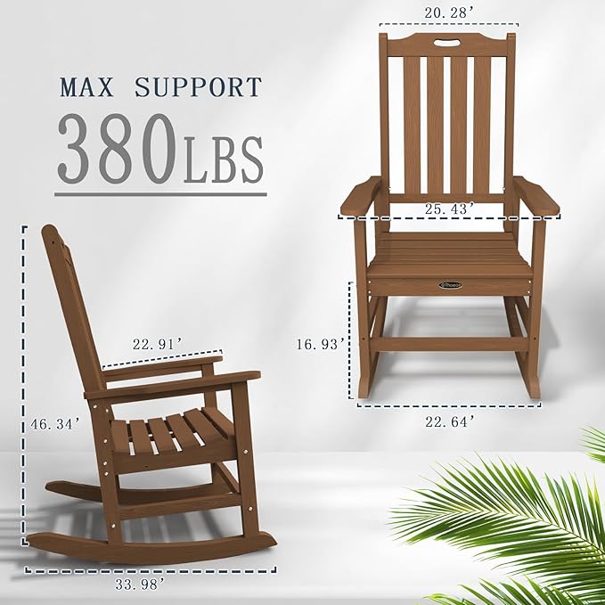 Oversized Rocking Chair Set of 2, Outdoor Rocking Chair for Adults, All Weather Resistant Porch Rocker for Lawn Garden, Wood