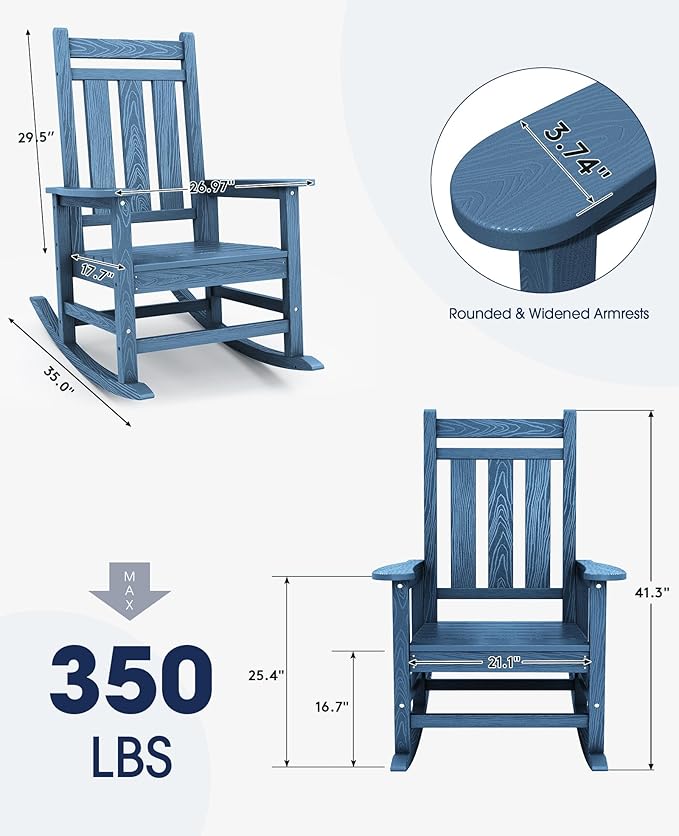 KINGYES Oversized Outdoor Rocking Chair, All-Weather Patio Rocking Chairs for Porch, HDPE Outdoor Patio Rockers with High Back & Wide Seat for Garden, Lawn, Blue