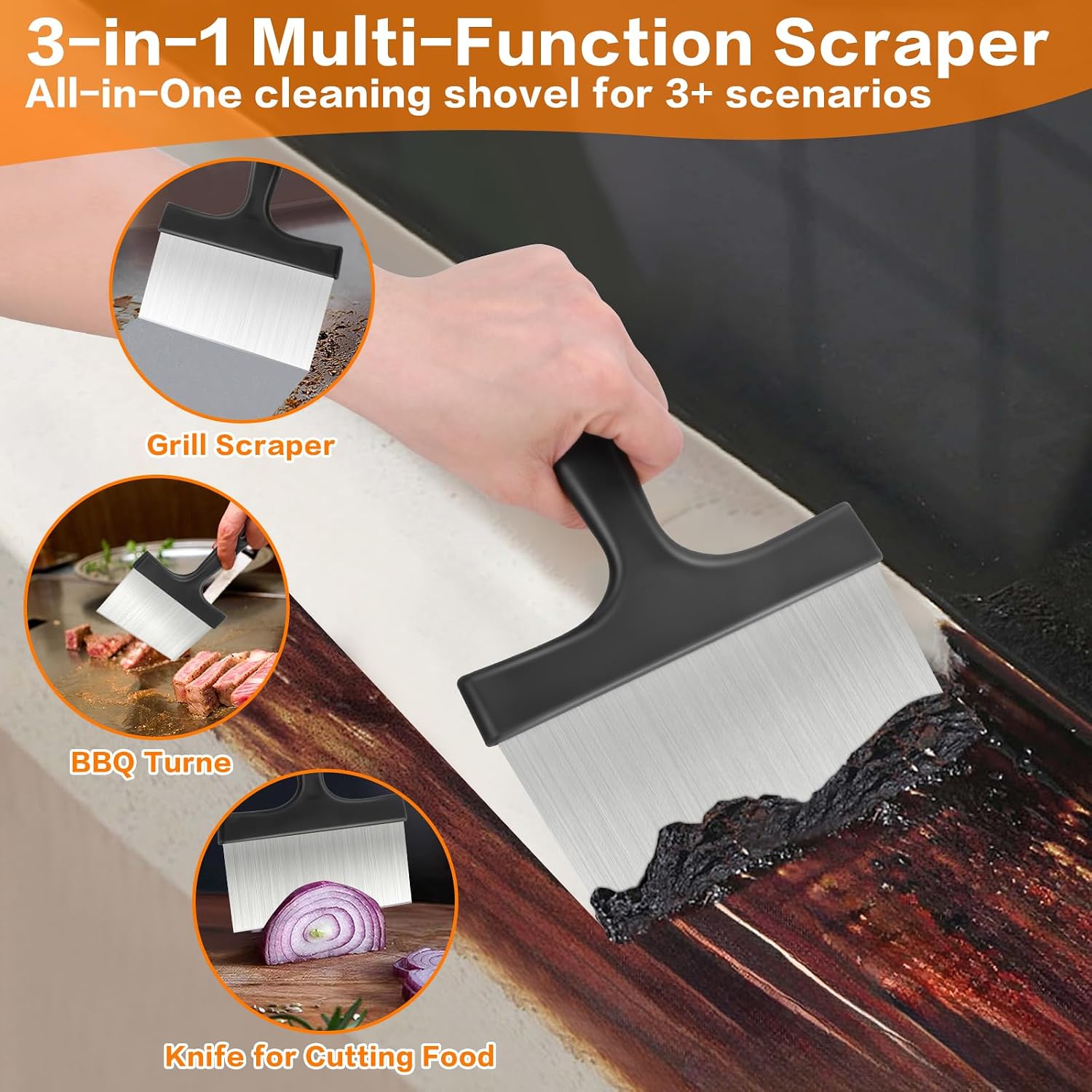 Heavy Duty Grill Scraper, 3-in-1 Stainless Steel Griddle Scraper | Comfort Grip Handle, Griddle Scraper for Blackstone Grill Accessories, Ideal for Flat Top Grill & Outdoor Barbecue Tools