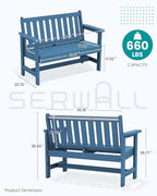 SERWALL HDPE Outdoor Benches Weatherproof, 2-Person Garden Bench with 660 lbs Weight Capacity, Patio Benches for Outdoors, Garden, Porch, Park, Navy, 2 Pack