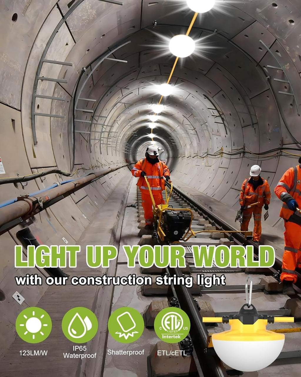 100FT LED Construction String Lights 130W 16000LM Industrial String Work Lights, 2Prong,IP65 Waterproof 18AWG Wire 5000K Super Bright for Construction Sites Temporary Work Jobsites Outdoor Lighting