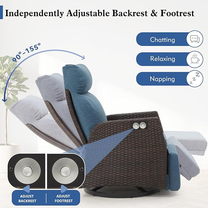 Adjustable Outdoor Recliner Chair with Independent Backrest & Footrest, Patio Swivel Recliner Chair, Wicker Reclining Patio Chair w/Flip-Up Table, Air Pump 155° Lay Flat Chaise Lounge, Blue