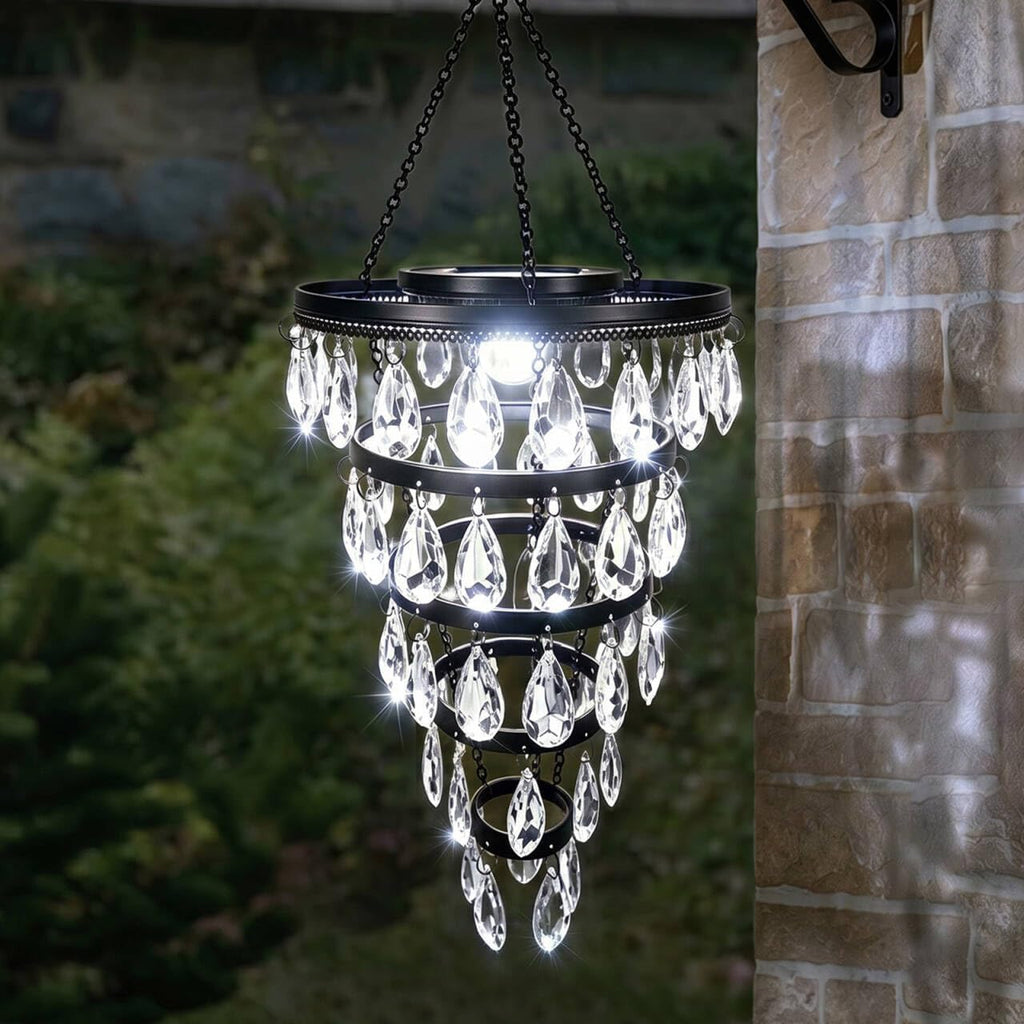 SUNNYPARK Hanging Solar Chandelier Light Outdoor Waterproof | Handcrafted with Teardrop Prisms, Solar Powered, Decorative Hanging Light for Patio, Porch, Gazebo Garden & Holiday