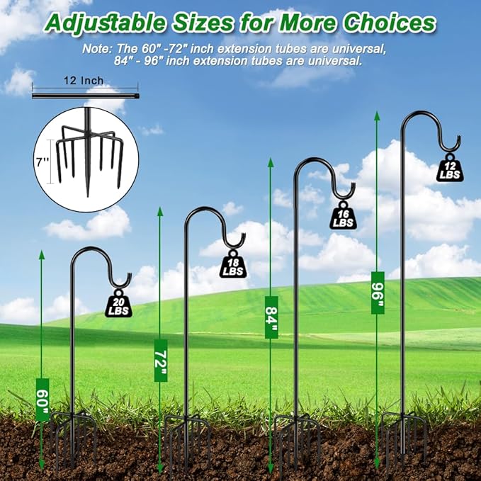 96" Shepherds Hooks for Outdoor, Heavy Duty Garden Bird Feeder Pole Hanging Bird Feeder, Solar Light Lanterns, Outdoor Plant Hanger Hook with 7 Base Prongs, 1 Pack