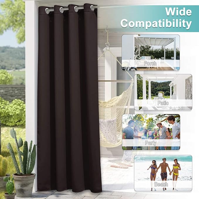 NICETOWN 2 Panels Outdoor Curtains for Patio Waterproof, Thermal Insulated Rustproof Grommet Blackout Outdoor/Indoor Window Treatment Privacy Protect for Landscape, W52 x L108, Brown