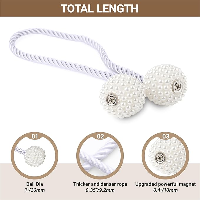 Hion Magnetic Curtain Tiebacks White 6 Pack, Curtain Tiebacks Buckles Holdbacks Holders Hooks Clip for Home Bedroom Office Decorative Thick or Thin Curtain