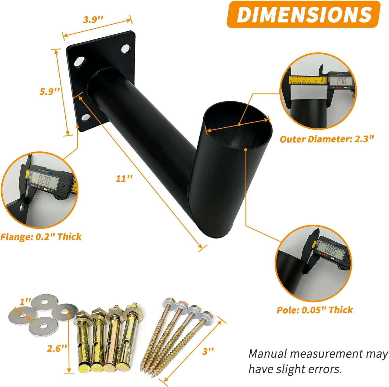90 Degree Wall Light Mounting Bracket, 11" Arm, 2-3/8" OD Tenon | Galvanized Steel, 0.2" Flange, 0.05" Tube, Full Welds, Slim 3.9" Base, Concrete/Wood Hardware and Drilling Template Included