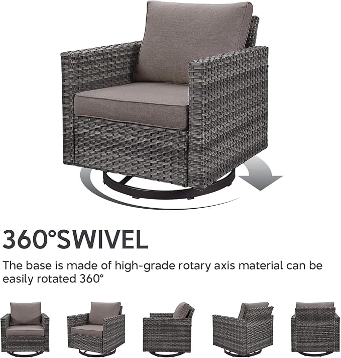 Belord Patio Sectional Furniture Set with Fire Pit Table: 8 Pieces Wicker Patio Conversation Set with L Shaped Sofa, Outdoor Swivel Glider Rocker, Rattan Ottomans, Removable Cushions Grey