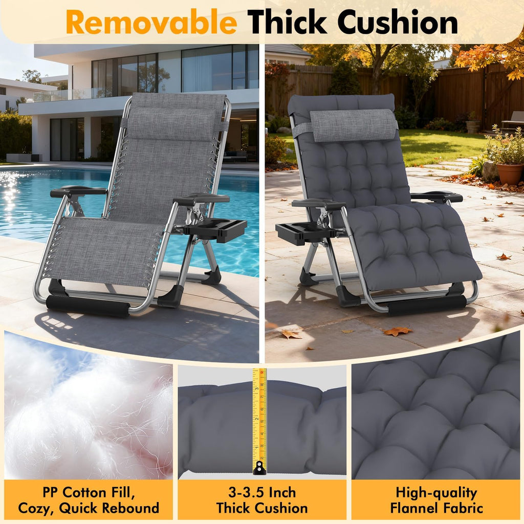 Slendor Oversized Zero Gravity Chairs XXL, 33In Recliner Chair, Dark Gray | Reclining Lounge Chair, Folding Anti Gravity Chairs w/Aluminum Alloy Lock, Removable Cushion&Headrest, 500lbs, for Lawn Patio