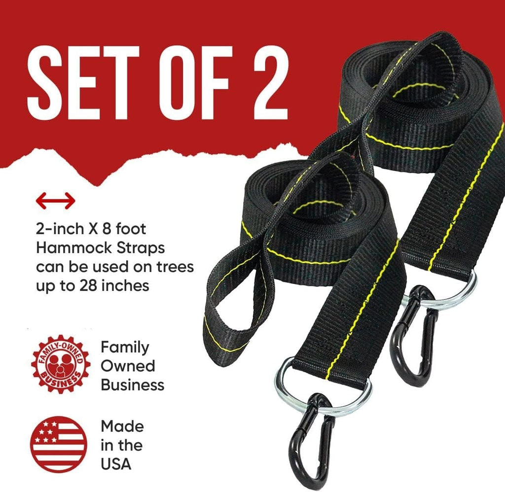 Hammock Straps - Set of 2 Hammock Tree Straps with Heavy Duty Carabiner Clips - 2 Inch X 8 Foot Long Straps for Hammock Camping, 4,000 lb Webbing - Made in USA Black