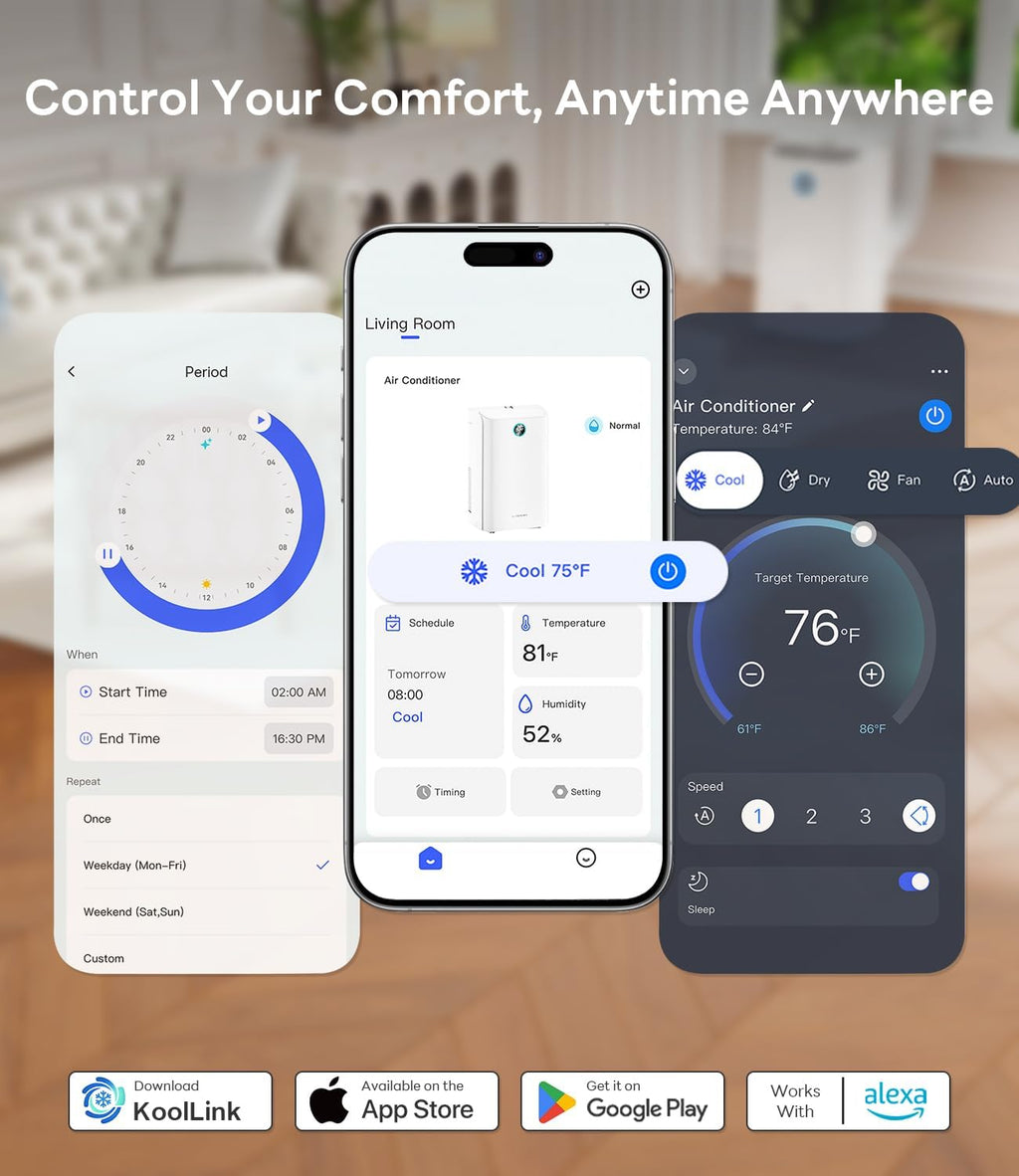 14,000 btu smart wifi portable air conditioner, cools showing dimensions