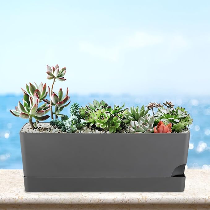 2 Pack Rectangle Self Watering Pots for Indoor Plants 17 Inches Window Boxes Planters Rectangular Flower Pots Herb Large Plant Pots with Drainage Holes and Saucers Windowsill Planter, Grey